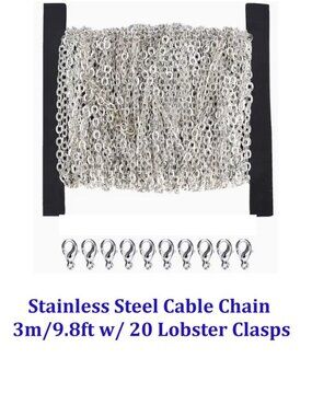 Stainless Steel Cable Chain 3m/9.8ft w/ 20 Lobster Clasps